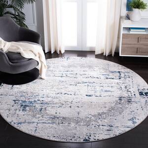Amelia Gray/Blue 7 ft. x 7 ft. Damask Distressed Round Area Rug