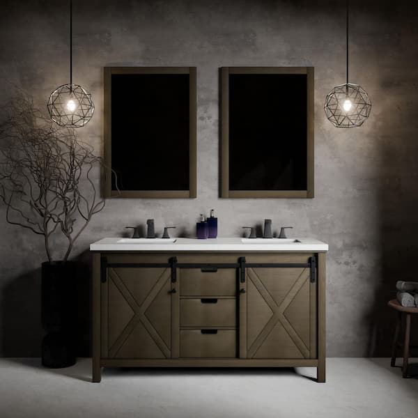 Marsyas 60 in W x 22 in D Rustic Brown Double Bath Vanity, Cultured Marble Countertop, Faucet Set and 24 in Mirrors
