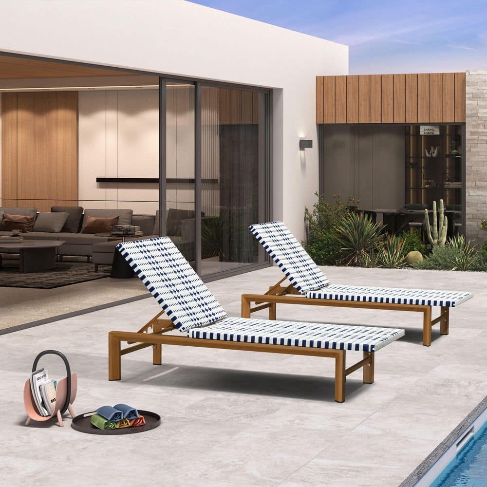 Oversized 2-Pieces Straight Woven Rattan Aluminum Adjustable Outdoor Lounge Chaise in Teak Finish, Navy Blue and White price history on PriceWatchPro
