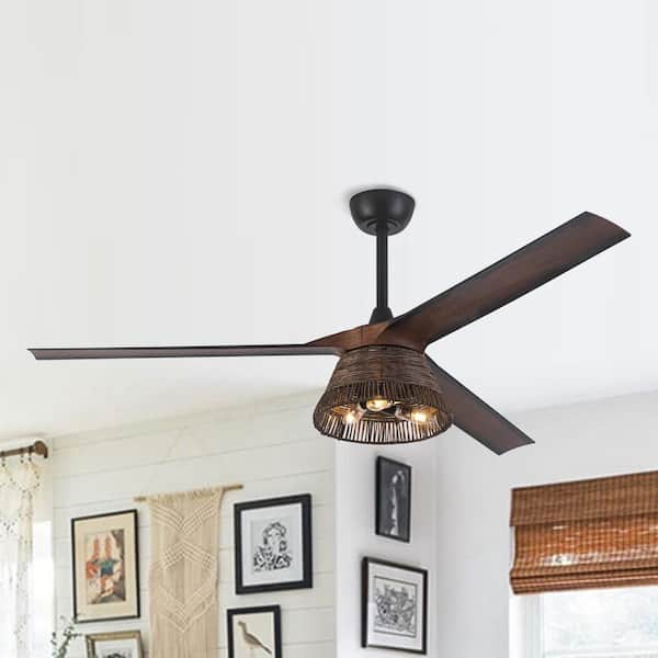 Parrot Uncle 60 in. Indoor Natural Rattan 3-Blade Brown Ceiling Fan with Light Kit and Remote Control,DC Motor