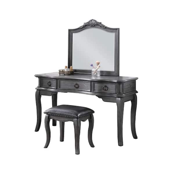 Benjara 2-Piece Gray Makeup Vanity Set with Matching Stool, Desk and Mirror
