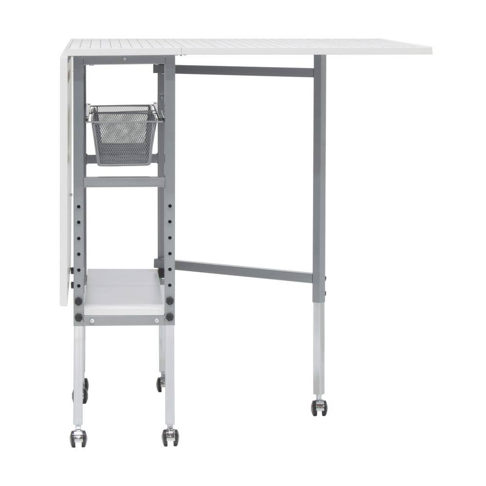 Adjustable Silver and White Folding Cutting Table with Grid Top