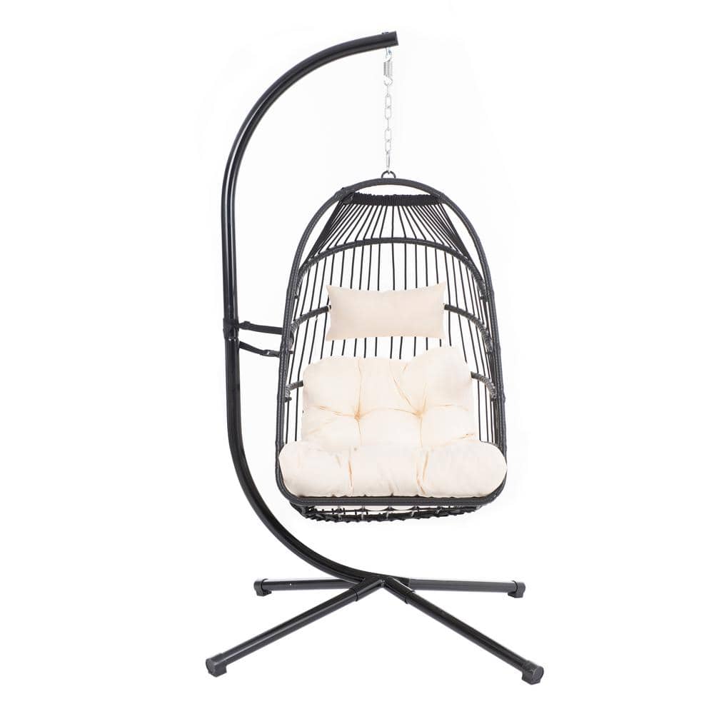 Black Wicker Foldable Patio Swing with Stand and Beige Cushion