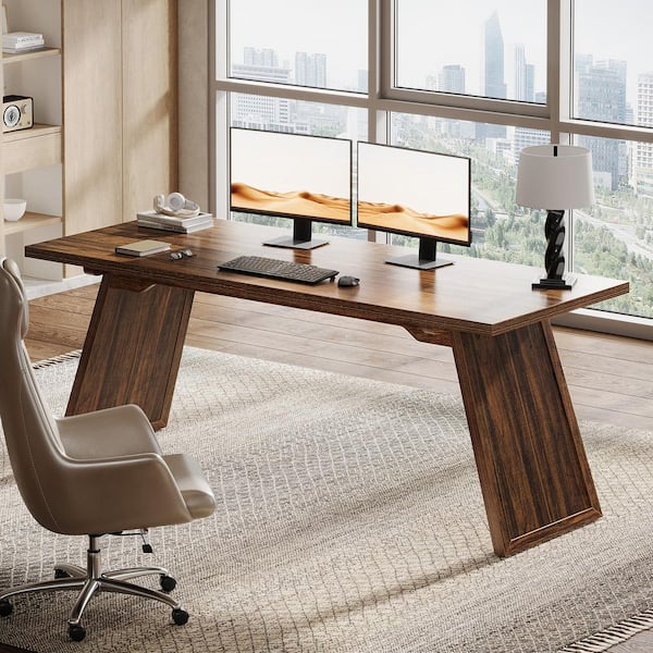 Halseey 71 in. Rectangle Rustic Brown Engineered Wood Executive Office Desk, Large Computer Desk Study Writing Table