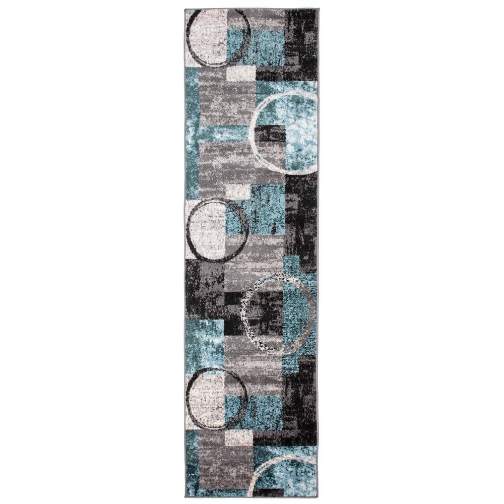 Gray and Teal Abstract Geometric Runner Rug 2'7" x 10'