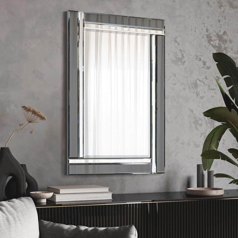 Rectangular Beveled Silver and Gray Wood Framed Wall Mirror