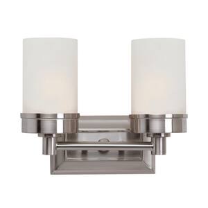 Fusion 12 in. 2-Light Brushed Nickel Bathroom Vanity Light Fixture with Frosted Glass Shades