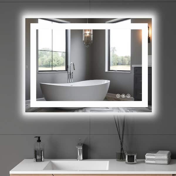 WELLFOR 32 in. W x 24 in. H Rectangular Frameless Wall Bathroom Vanity Mirror in Silver