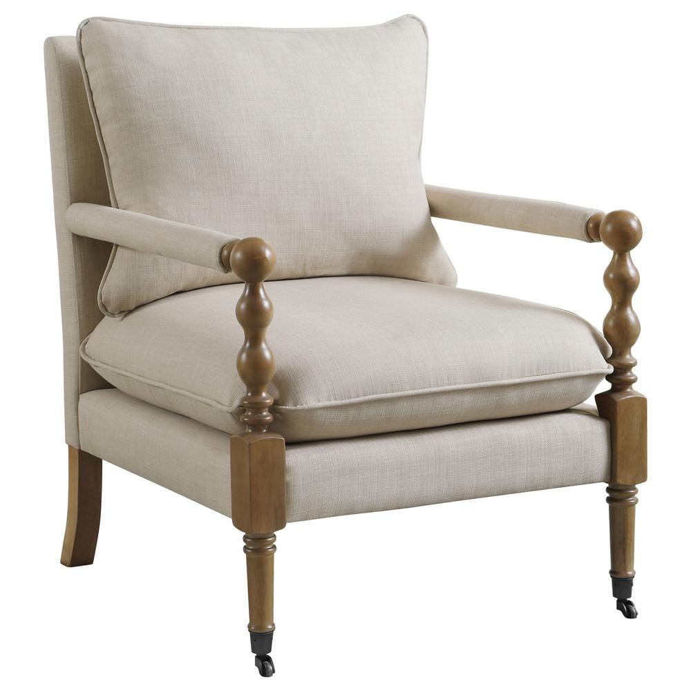 Beige Upholstered Wood Accent Chair with Turned Legs