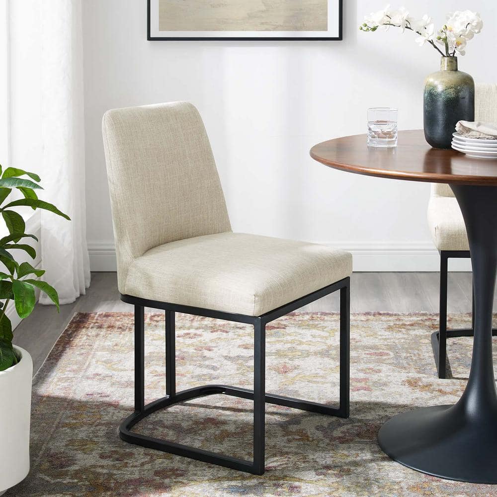 Amplify Matte Black Stainless Steel Upholstered Side Chair in Cream