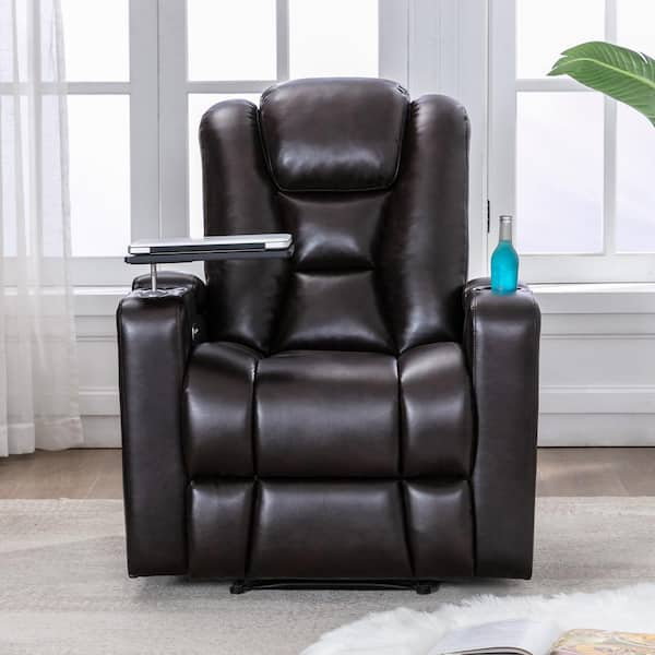 Brown Faux Leather Lift Chair With Usb, Brown Leather Tray Table