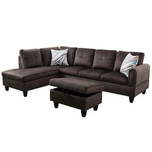 25 in. Round Arm 3-Piece Microfiber L-Shaped Sectional Sofa in Brown