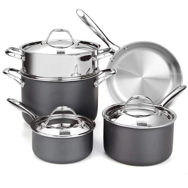 Cooks Standard Multi-Ply Clad 8-Piece Stainless Steel Cookware Set in Stainless Steel and Black