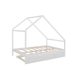 White Full Size Wood House Bed with Twin Size Trundle, Wooden Kids Playhouse Bed Frame, No Box Spring Needed