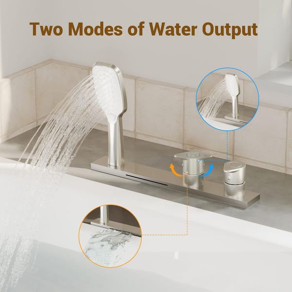 Waterfall 2-Handle 3-Spray Tub Deck Mount Roman Tub Faucet with Hand Shower in Brushed Nickel (Valve Included)