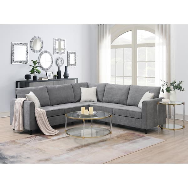 91 in. Modern L-Shape Polyester Sectional Sofa in Gray with 3-Pillows
