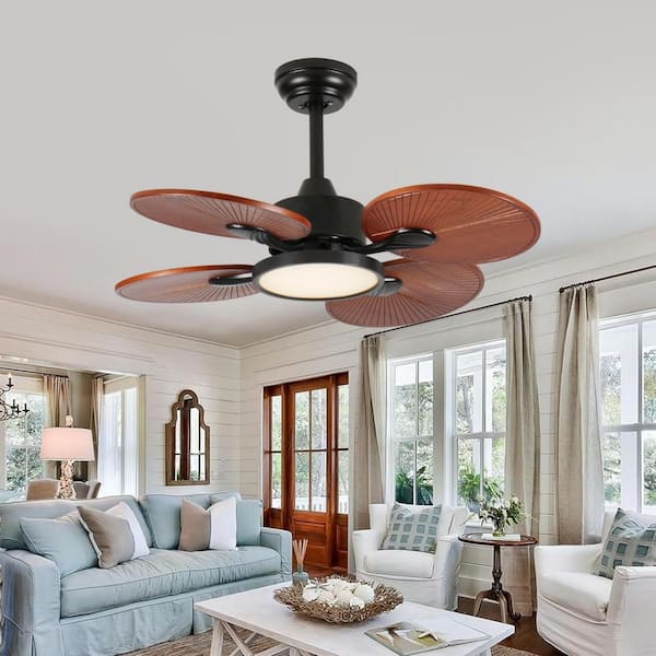33 in. Modern Black 4 Wood Blades Downrod Leaf Ceiling Fan with Full-Spectrum LED Light and Remote Included