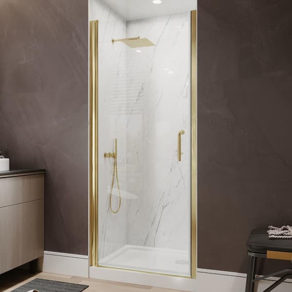 32-34 in. W x 72 in. H Pivot Frameless Shower Door in Brushed Gold with Clear Glass