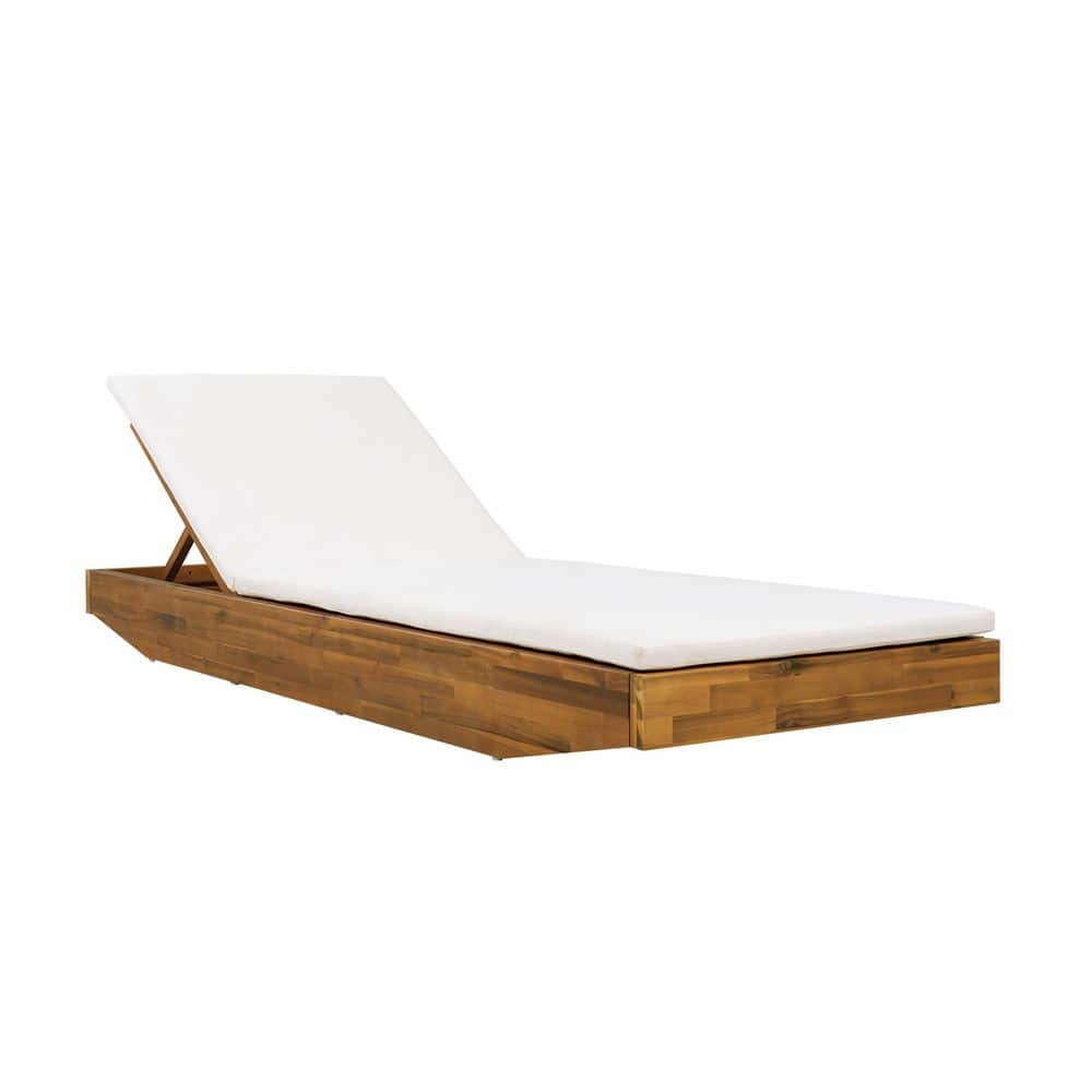 Ishmael Teak Finish Acacia Wood Outdoor Patio Chaise Lounge with Cream 2-Fold Thin Cushion