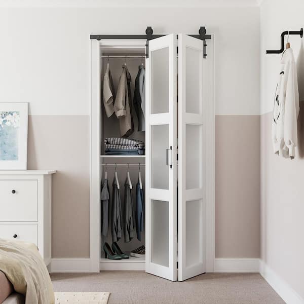 24 in. x 84 in. Bi-Fold 3-Lite Frosted Glass White Finished Solid Core MDF Sliding Barn Door with Hardware Kit