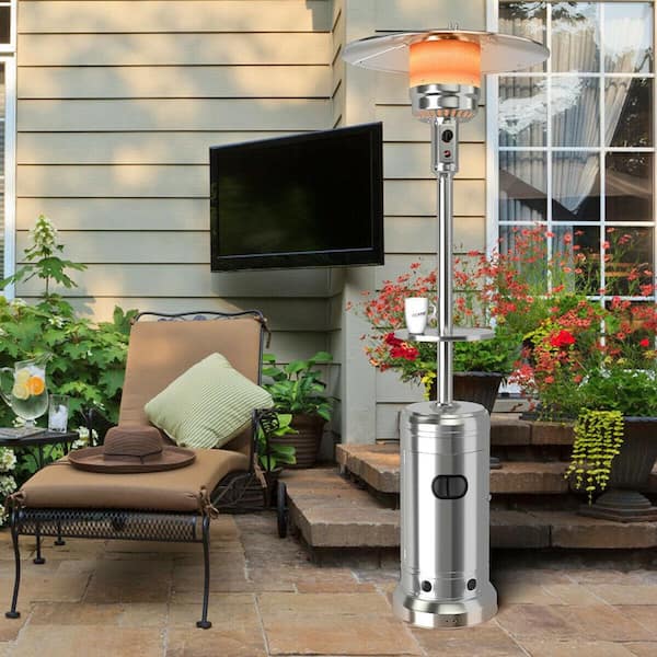 87 in. Tall 48,000 BTU Silver Patio Propane Heater with Cover and Table