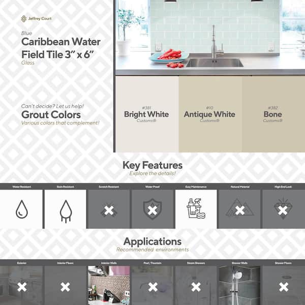Jeffrey Court Caribbean Water Blue 3 in. x 6 in. Glossy Glass Wall Tile (1 sq. ft. / pack)