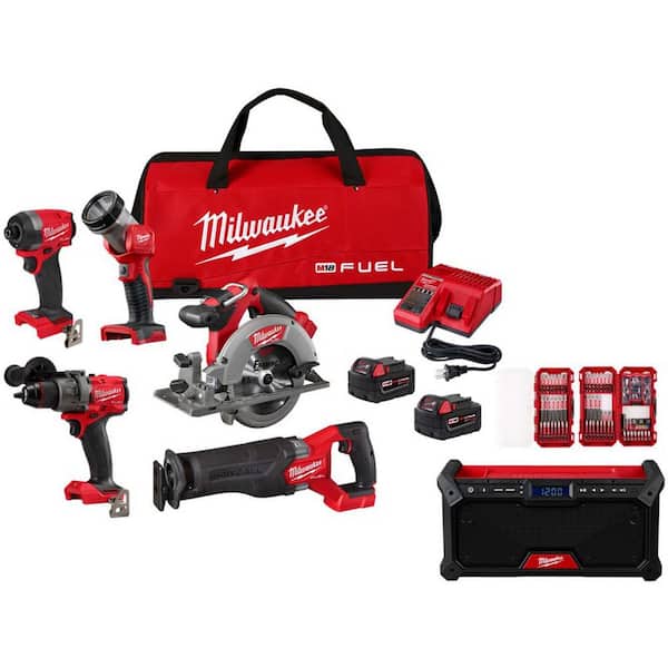 M18V FUEL Cordless Combo Kit (5-Tool) w/ Two 5.0 Ah Batteries, 1 Charger, and M18 Radio and 100 pc Bit Kit