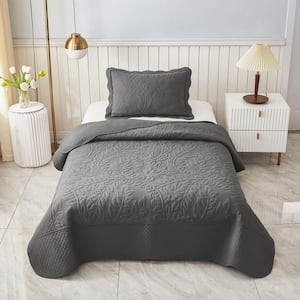 T-Monica 2-Piece Heather Grey Embroidery 100% Cotton Lightweight Twin Size Quilt Set