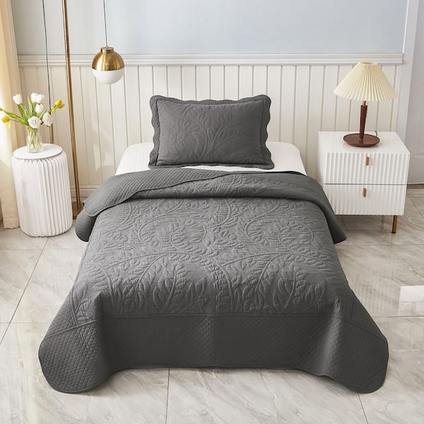 MarCielo T-Monica 2-Piece Heather Grey Embroidery 100% Cotton Lightweight Twin Size Quilt Set