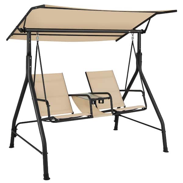 Costway 2-Person Black Frame Metal Patio Swing with Beige Adjustable Canopy