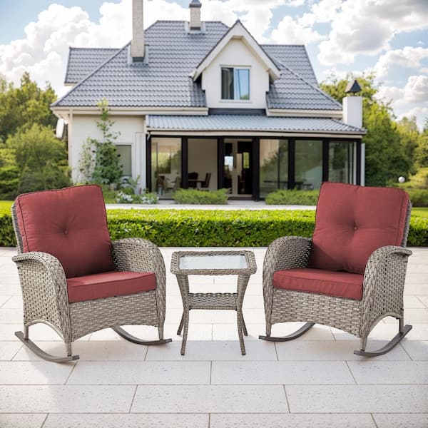 moosprr Gray 3-Piece Wicker Outdoor Rocking Chair with Red Cushions and Side Table