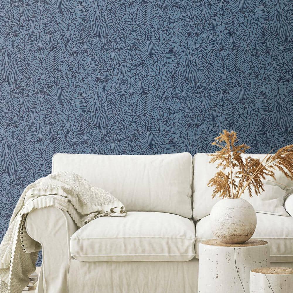 Blue and Navy Tropical Leaves Peel and Stick Wallpaper Roll