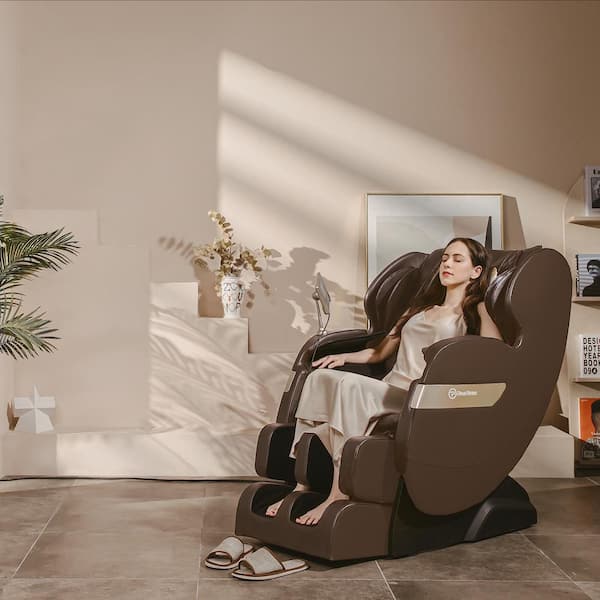 Favor-03 ADV Brown Massage Chair has Dual-Core S Track, Zero Gravity, LCD Remote, Bluetooth,LED Light