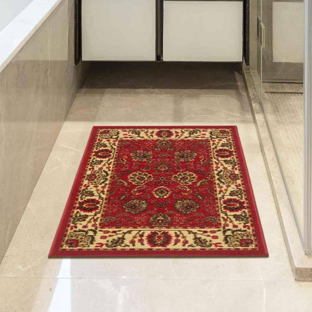 Red and Beige Synthetic Non-Slip Rectangular Area Rug