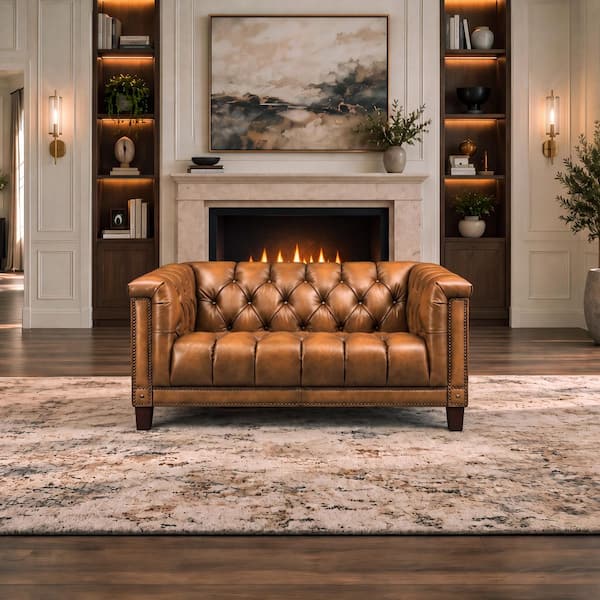Picadilly 65 in. Whiskey Chesterfield Top Grain Waxy Pull-Up Leather 2-Seater Hand-Tufted Loveseat