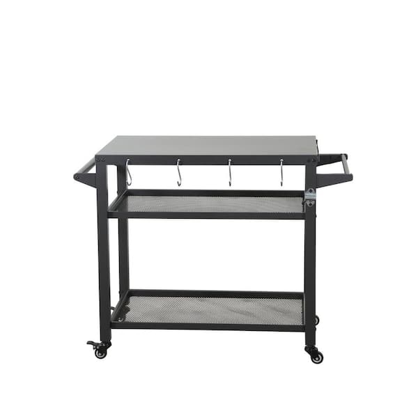 Tileon 3-Tier Stainless Steel Outdoor Grill Table on Wheels, Outdoor BBQ Grill Cart w/ Mesh Shelf and Propane Tank Hook, Silver
