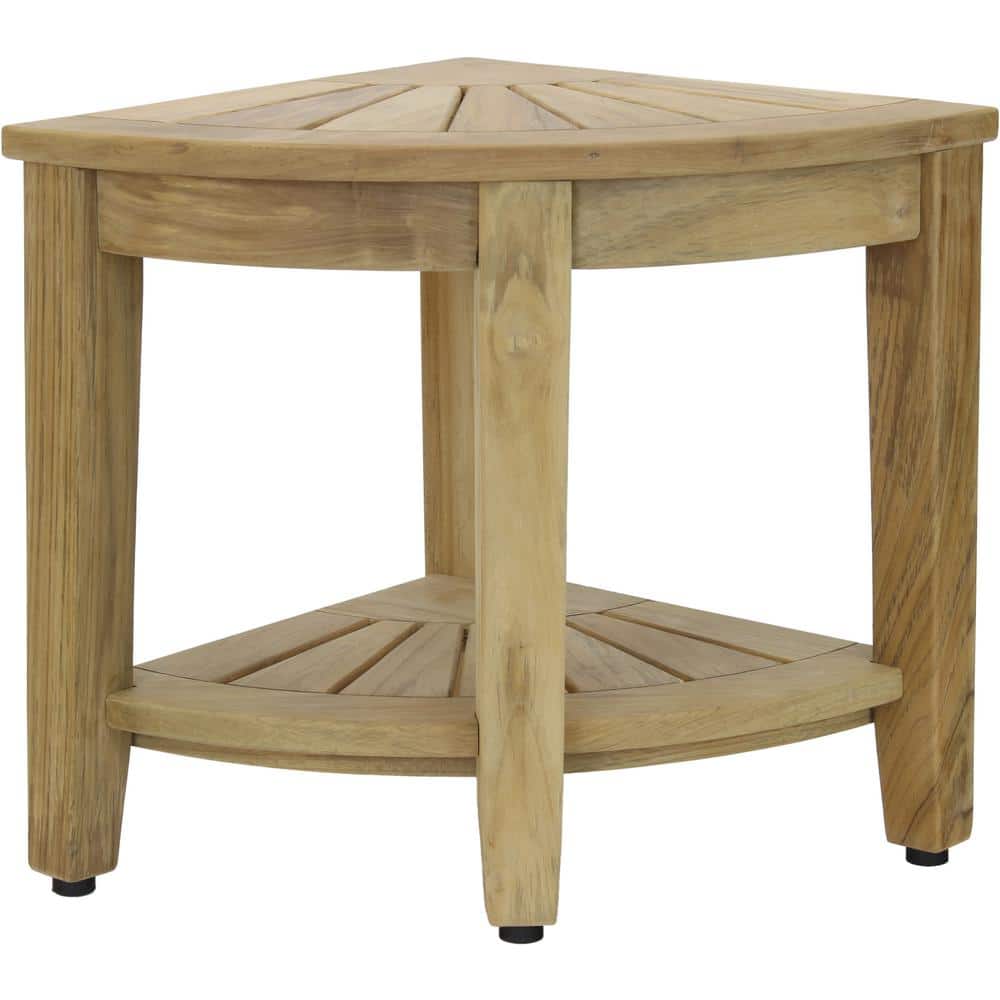 15.5 in. Kai Corner Raw Teak Shower Bench with Shelf