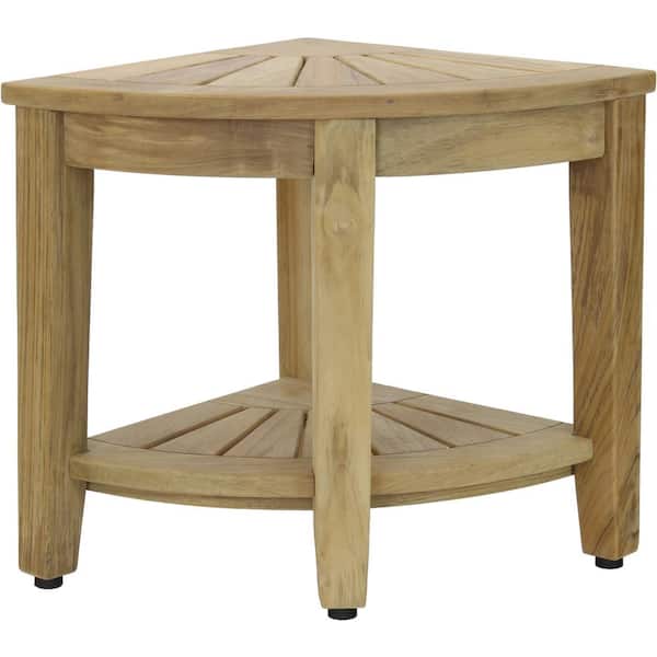 AquaTeak 15.5 in. Kai Corner Raw Teak Shower Bench with Shelf