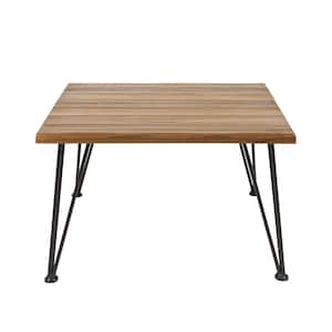 Zion Industrial Rustic Metal Frame Square Teak Brown Wood Outdoor Coffee Table