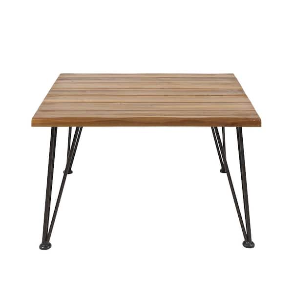 Zion Industrial Rustic Metal Frame Square Teak Brown Wood Outdoor Patio Coffee Table