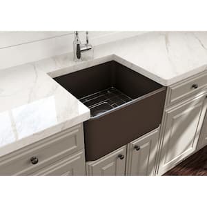 Classico Farmhouse Apron Front Fireclay 20 in. Single Bowl Kitchen Sink with Bottom Grid and Strainer in Matte Brown