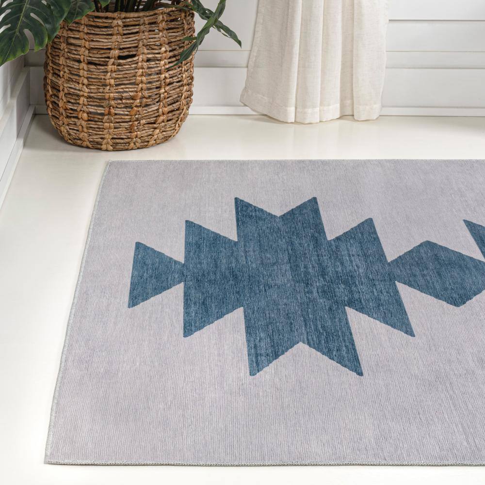 Chayton Gray and Blue Geometric Washable Chenille Area Rug