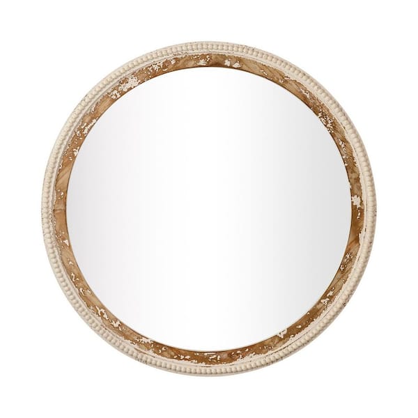 36 in. W x 36 in. H Natural Wood Color Round Framed Wall Bathroom Vanity Mirror with Beaded in Antique White