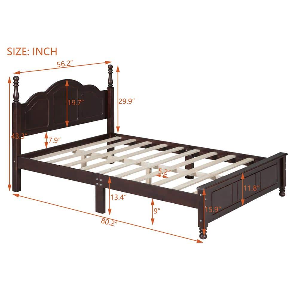 Full Size Dark Walnut Pine Wood Platform Bed with Headboard