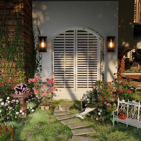 Montpelier 11.2 in. H Black Hardwired Outdoor Wall Lantern Sconces with Dusk to Dawn (Set of 2)