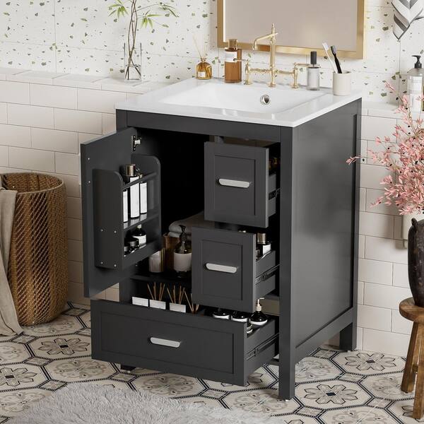 Ziyudura 24 in. Single Sink Freestanding Black Bath Vanity with