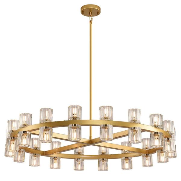 36-Lights 36 in. Gold Wagon Wheel Chandelier Crystal Round Chandeliers for Dining Room Living Room Kitchen Foyer
