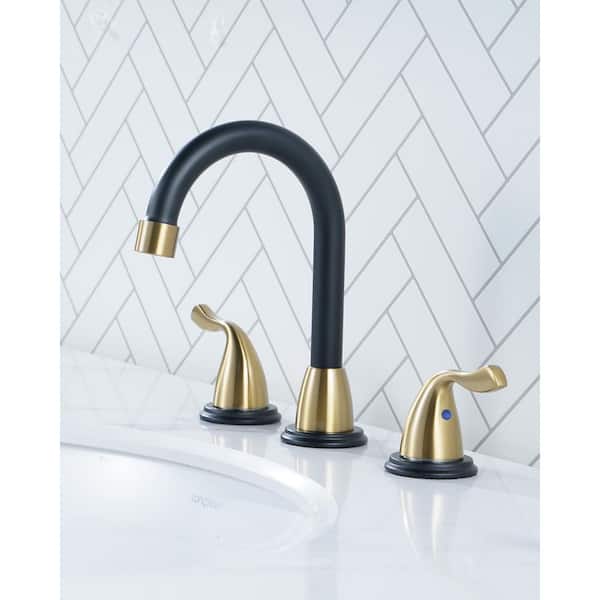 8 in. Widespread 2-Handle Bathroom Faucet with Pop-up Drain 3-Hole 360° Rotation Sink Faucet in Black and Gold
