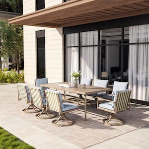 Sleek Line 9-Piece Aluminum Rectangular Outdoor Dining Set with Swivel Chairs and Blue Cushions