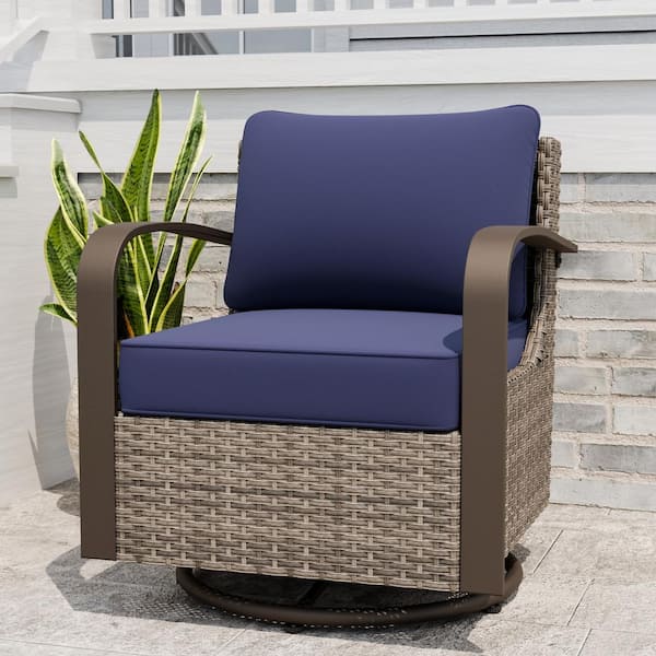 Outdoor Swivel Wicker Outdoor Rocking Chair with Blue Cushion